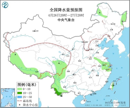 全国降水量预报图（4月26日20时-27日20时）