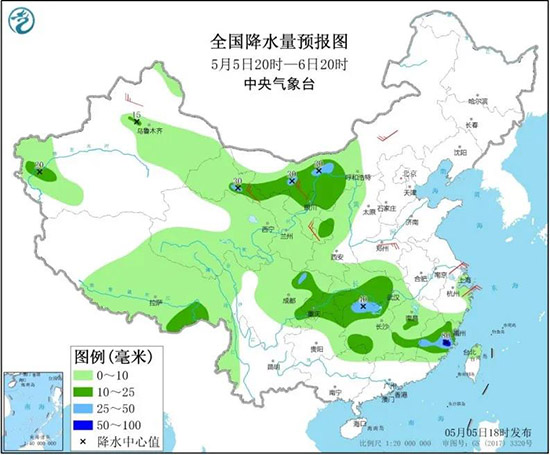 全国降水量预报图（5月5日20时-5月6日20时）