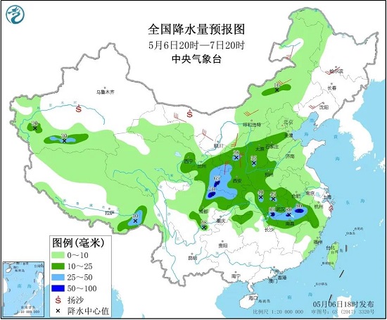 全国降水量预报图（5月6日20时-7日20时）