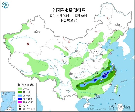 全国降水量预报图（5月14日20时-15日20时）