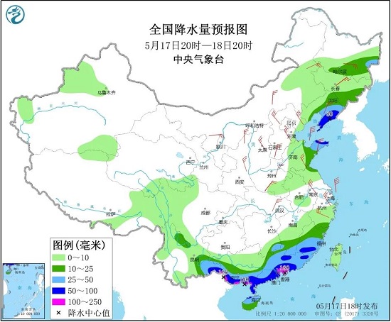 全国降水量预报图（5月17日20时-18日20时）