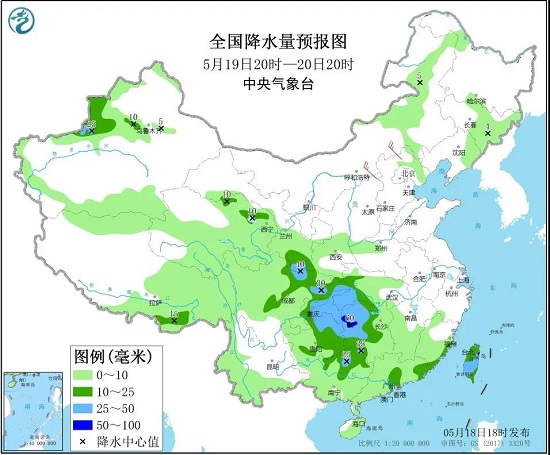 全国降水量预报图（5月19日20时-20日20时）