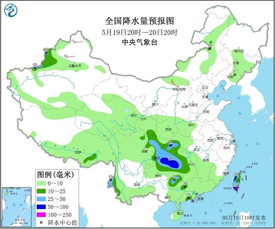 全国降水量预报图（5月19日20时-20日20时）