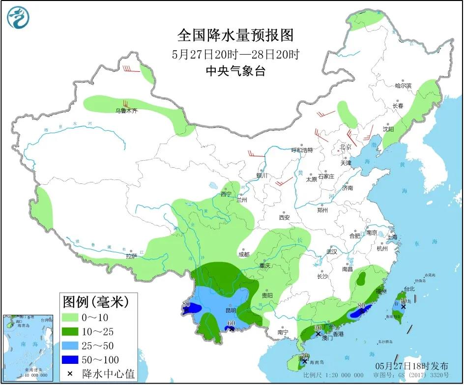 全国降水量预报图（5月27日20时-28日20时）