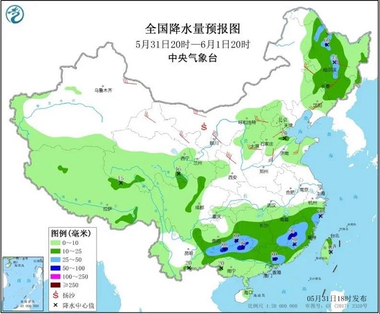 全国降水量预报图（5月31日20时-6月1日20时）