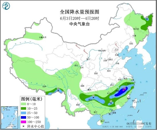 全国降水量预报图（6月3日20时-4日20时）