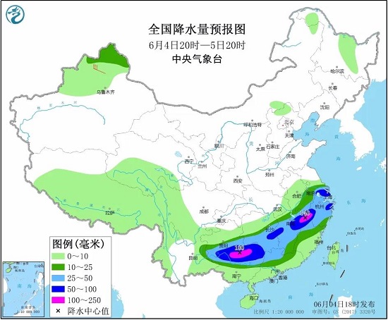 全国降水量预报图（6月4日20时-5日20时）