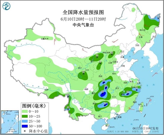 全国降水量预报图（6月10日20时-11日20时）