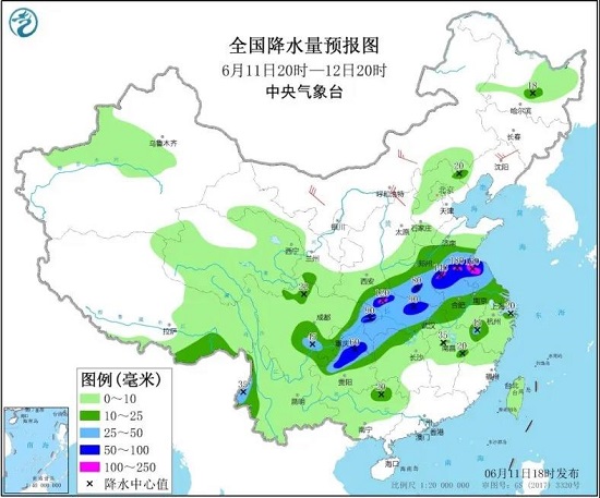 全国降水量预报图（6月11日20时-12日20时）
