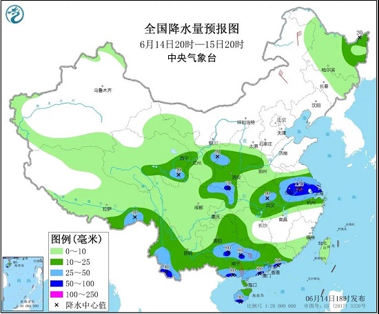 全国降水量预报图（6月14日20时-15日20时）