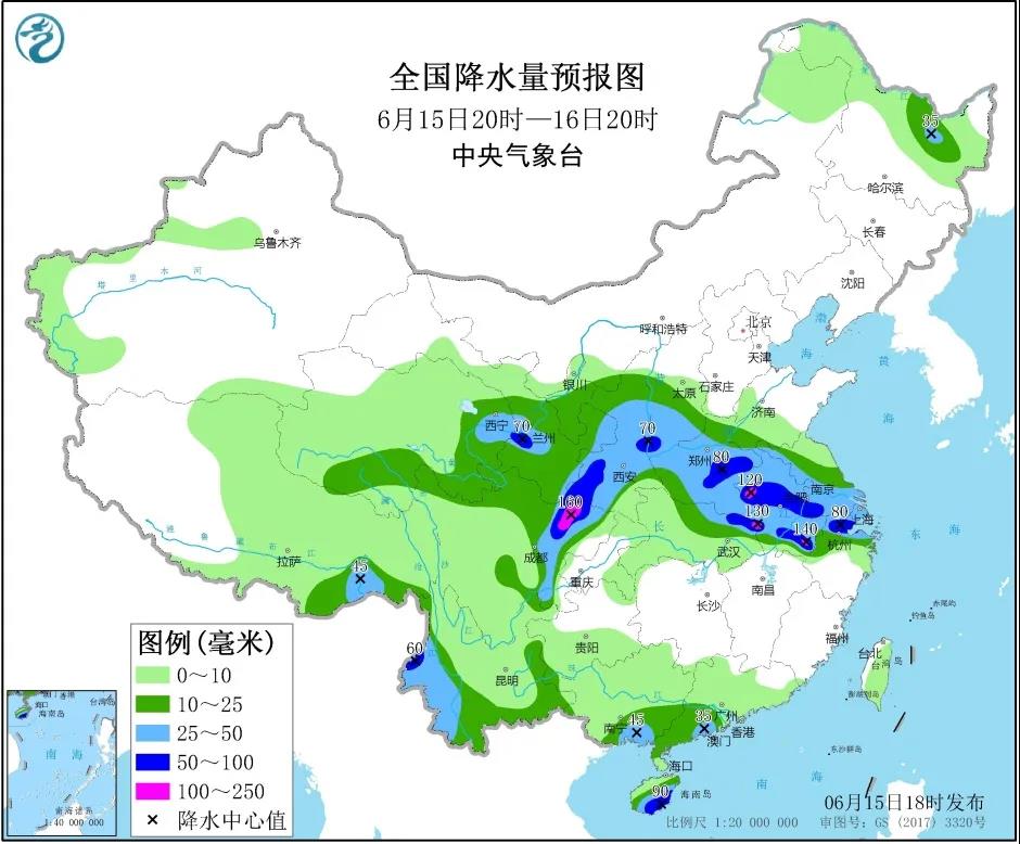 全国降水量预报图（6月15日20时-16日20时）