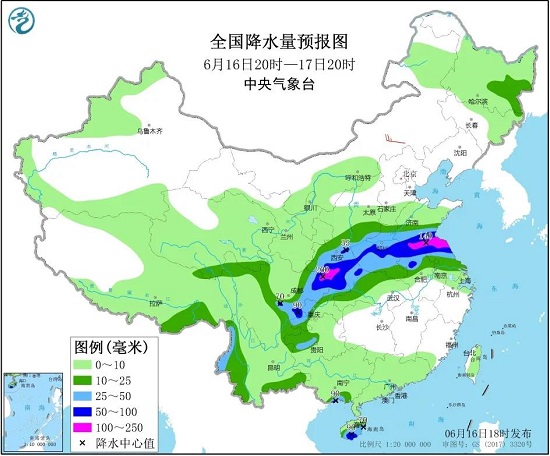 全国降水量预报图（6月16日20时-17日20时）