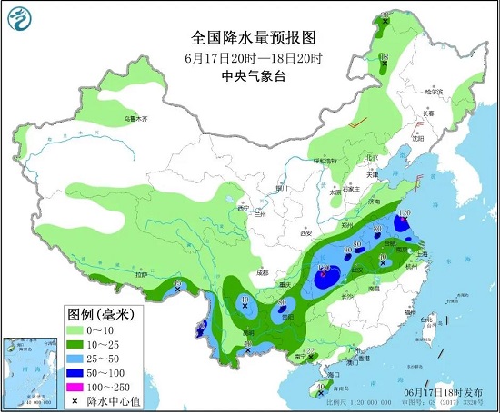 全国降水量预报图（6月17日20时-18日20时）