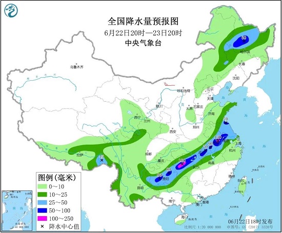 全国降水量预报图（6月22日20时-23日20时）