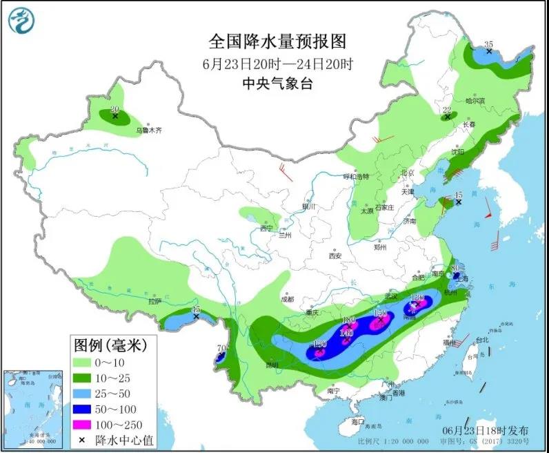 全国降水量预报图（6月23日20时-24日20时）