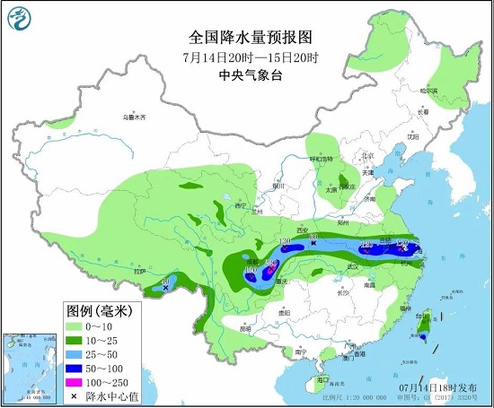 全國降水量預報圖（7月14日20時-15日20時）