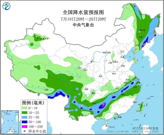 全國降水量預報圖（7月19日20時-20日20時）