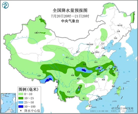 全國降水量預報圖（7月20日20時-21日20時）