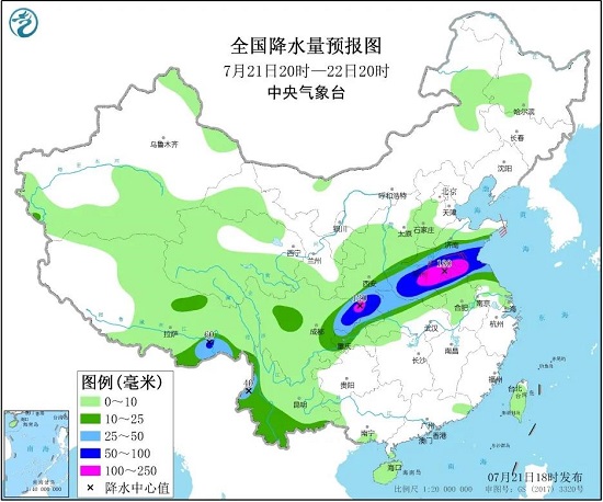 全國降水量預報圖（7月21日20時-22日20時）