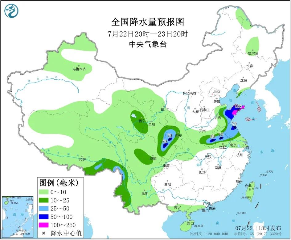 全國降水量預報圖（7月22日20時-23日20時）