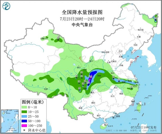 全国降水量预报图（7月23日20时-24日20时）