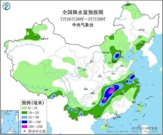 全国降水量预报图（7月26日20时-27日20时）