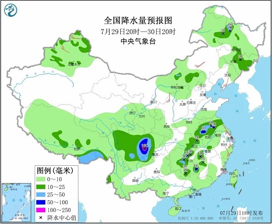 全國降水量預報圖（7月29日20時-30日20時）