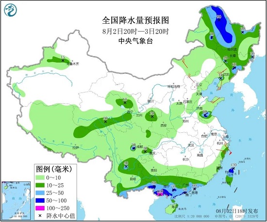 全國降水量預報圖（8月20日20時-3日20時）