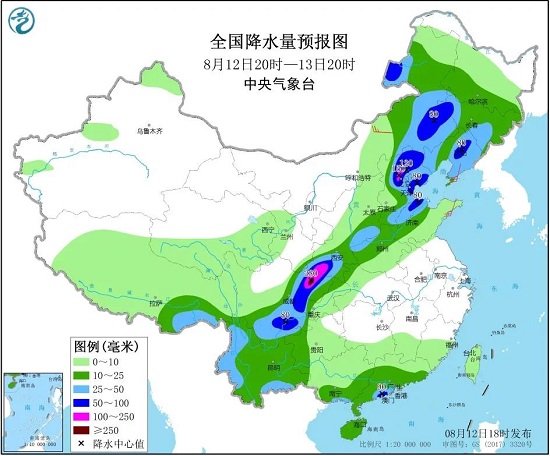 全国降水量预报图（8月12日20时-13日20时）