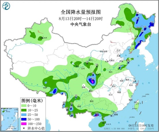 全国降水量预报图（8月13日20时-14日20时）