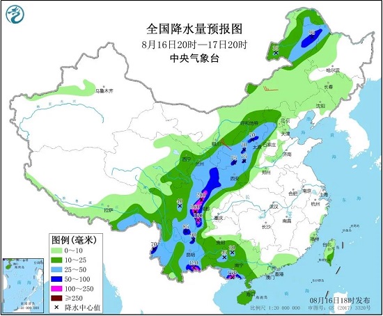 全国降水量预报图（8月16日20时-17日20时）