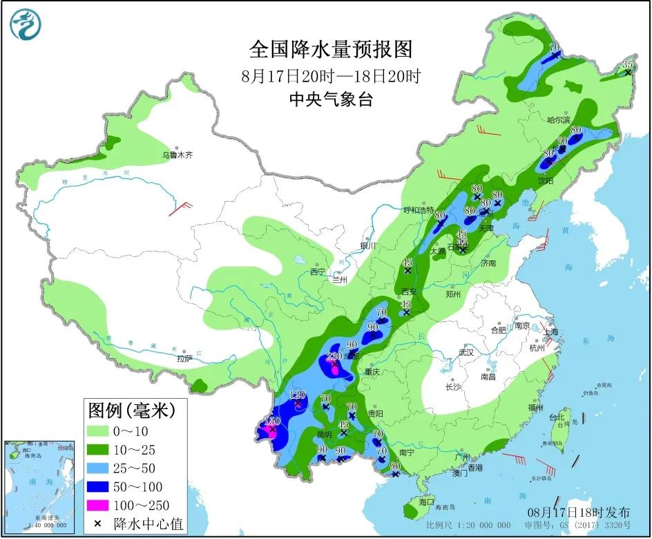 全国降水量预报图（8月17日20时-18日20时）