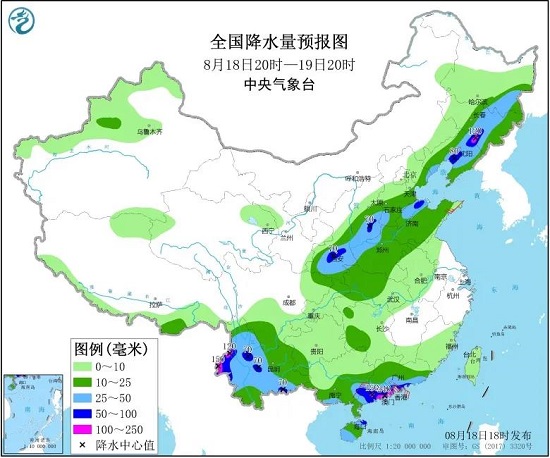 全国降水量预报图（8月18日20时-19日20时）
