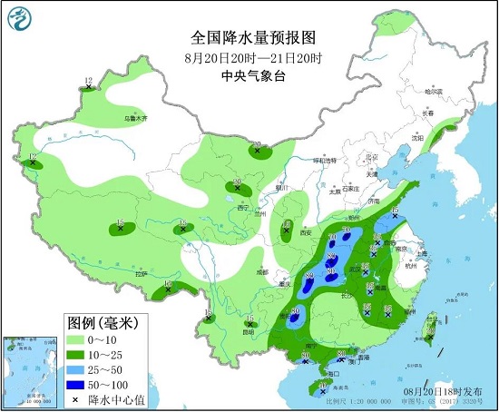 全国降水量预报图（8月20日20时-21日20时）