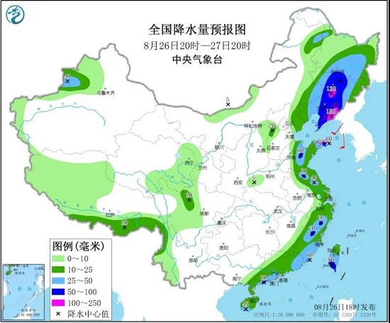 全国降水量预报图（8月26日20时-27日20时）