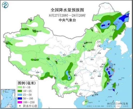 全国降水量预报图（8月27日20时-28日20时）