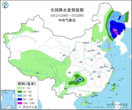 全国降水量预报图（9月2日20时-3日20时）
