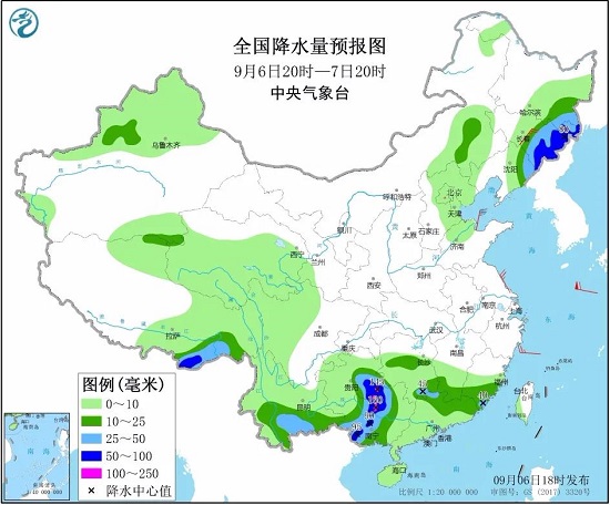 全国降水量预报图（9月6日20时-7日20时）