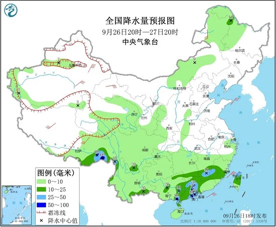 全国降水量预报图（9月26日20时-27日20时）