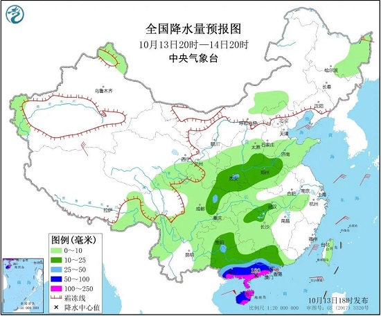 全国降水量预报图 （10月13日20时-14日20时）