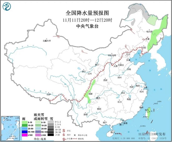 全国降水量预报图（11月11日20时-12日20时）