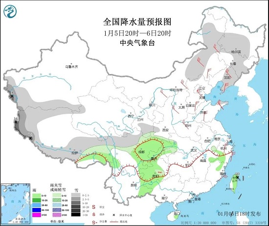 全国降水量预报图（1月5日20时-6日20时）