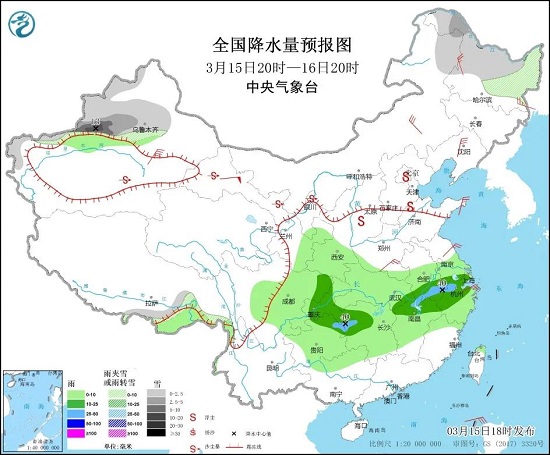 全国降水量预报图（3月15日20时-16日20时）