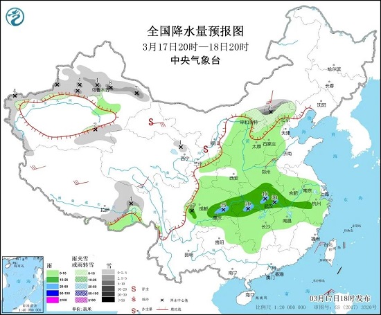 全国降水量预报图（3月17日20时-18日20时）