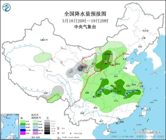 全国降水量预报图（3月18日20时-19日20时）