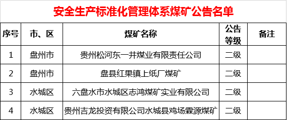 安全生产标准化管理体系煤矿公告名单